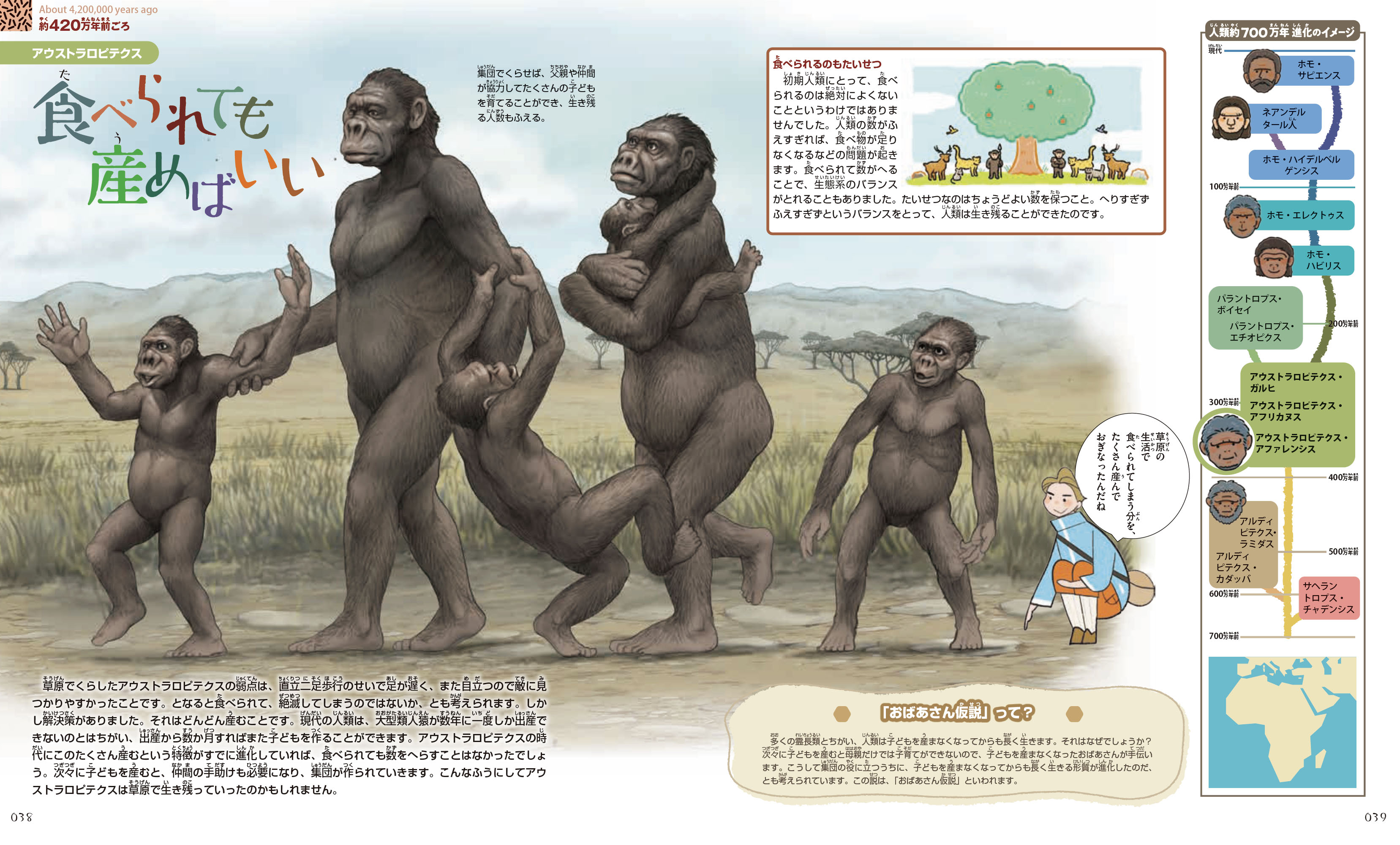 『人類の進化大百科』のなかのみひらき。アウストラロピテクスの家族が歩いている絵